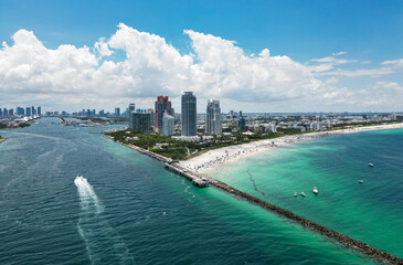 Miami Beach scene from drone, Florida, USA. Miami seaside. Aerial view of Miami Beach and cityscape. Coastline of Miami Beach, aerial view.