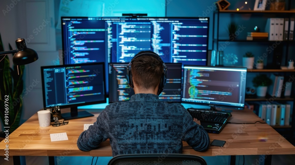 Poster a man is sitting at a desk with a computer monitor and keyboard in front of him. he is wearing headp