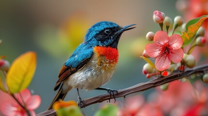 Obraz premium Red Chested Sunbird - Glossy Metallic Cyan and Red Colors Perched on Branch, Entebbe Lake Victoria, Uganda - African Nectar Feeding Bird