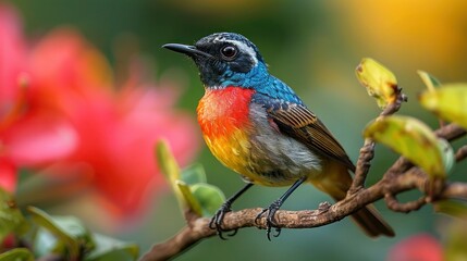 Fototapeta premium Red Chested Sunbird - Glossy Metallic Cyan and Red Colors Perched on Branch, Entebbe Lake Victoria, Uganda - African Nectar Feeding Bird