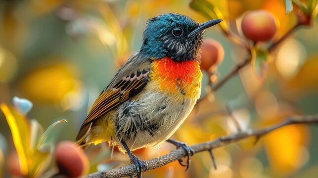 Red Chested Sunbird - Glossy Metallic Cyan and Red Colors Perched on Branch, Entebbe Lake Victoria, Uganda - African Nectar Feeding Bird