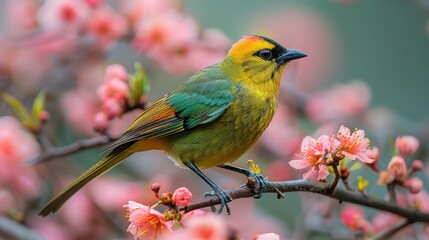 Colorful Male Golden Fronted Leafbird Perched on Wild Himalayan Cherry Branch