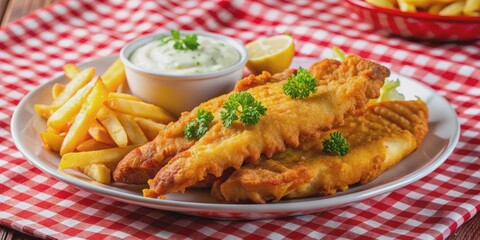 Close-up of a crispy battered fish fillet and golden fries, served with a side of creamy tartar sauce on a classic red and white checkered plate.