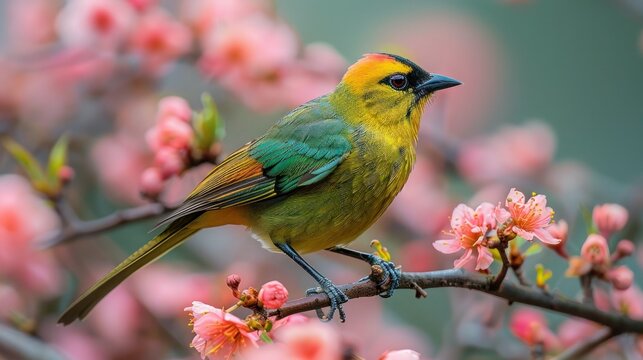 Colorful Male Golden Fronted Leafbird Perched on Wild Himalayan Cherry Branch