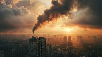 Fototapeta premium A city skyline with a large plume of smoke rising from a factory. The sky is hazy and the sun is setting, creating a mood of pollution and decay
