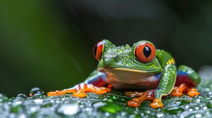 Fototapeta premium Vibrant Red Eyed Tree Frog Perched on a Leaf in the Rainforest