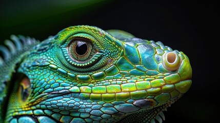 Fototapeta premium Dragon-like Green Iguana Eye Closeup on Black Background