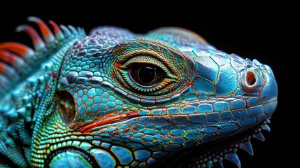 Fototapeta premium Dragon-like Green Iguana Eye Closeup on Black Background