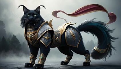 Black Cat in Ornate Armor with Misty Background
