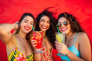 Latin friends enjoying tropical drinks on vacation