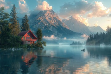 Fototapeta premium A cabin is nestled in the woods next to a lake