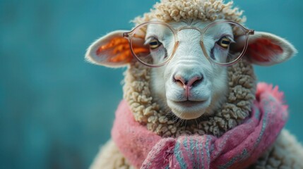 Colorful Sheep with Cool Glasses and Tie on Vibrant Blue Background