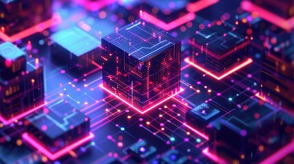 Fototapeta premium Futuristic AI Data Processing Concept with Neon Lights and Circuit Board