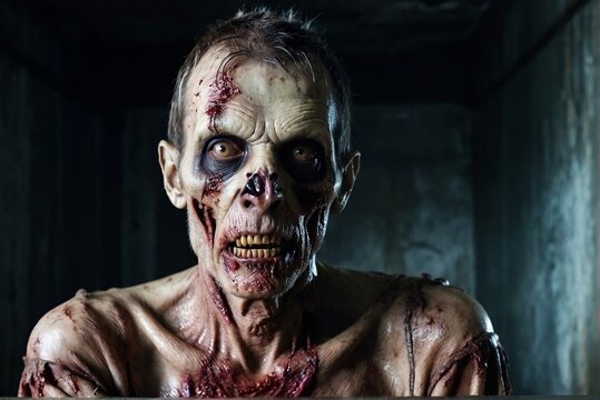 Portrait of a scary zombie man looking at the camera in a dark room with copy space.