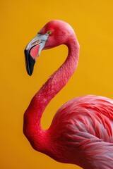 Fototapeta premium A flamingo is standing on a yellow background