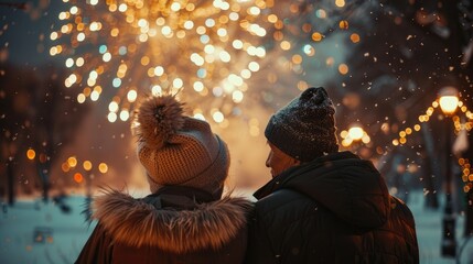 Winter Evening Celebration with Fireworks in the Snowy Park
