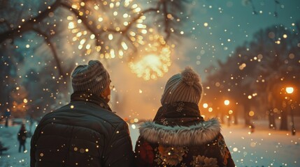 Couple Enjoying Winter Fireworks Display in Snowy Park, Wearing Warm Clothes and Hats