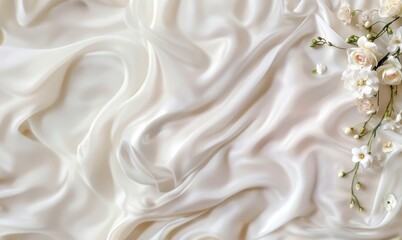 Obraz premium White flowers on silk fabric, creating a luxurious and elegant floral arrangement against a smooth and shiny background.