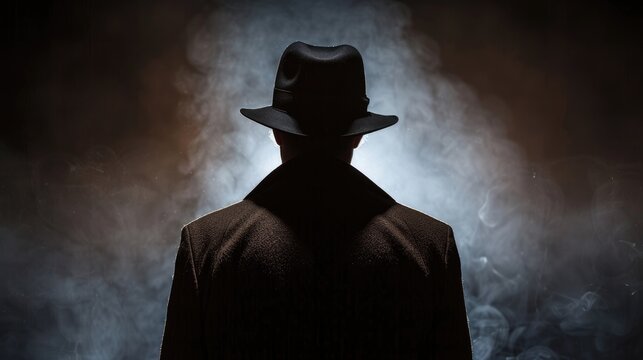 Silhouette of trench-coated man in fog with hat on