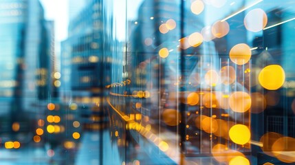 Fototapeta premium A blurry cityscape with buildings and a train in the background. The city is lit up with orange and yellow lights, creating a warm and inviting atmosphere