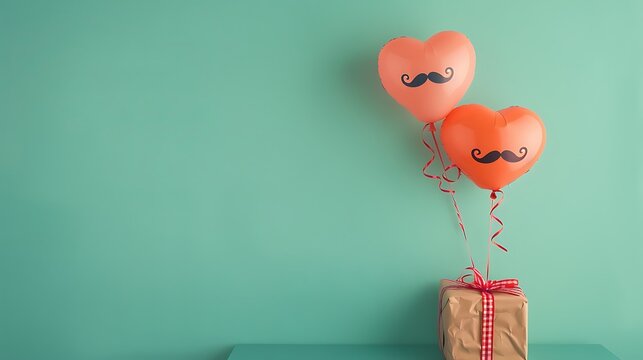 Happy fathers day display green background with mustache gift box heart shape balloon