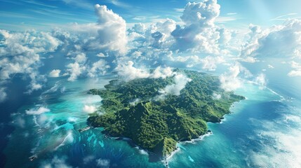 Obraz premium Aerial View of Tropical Island with Lush Greenery and Surrounding Crystal-Clear Waters under Partly Cloudy Sky