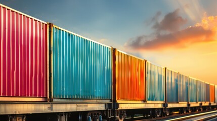 Fototapeta premium A train is traveling down the tracks with a bright orange front. The train is carrying a large number of cargo containers