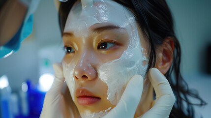 Application of Antibacterial Sulfur Mask on Acne-Prone Skin of South Korean Woman, Featuring Drying Effects