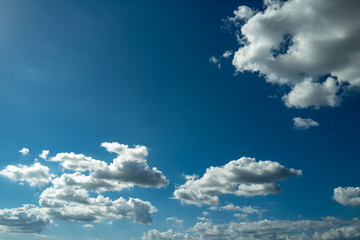 Cloud on blue sky. Pastel soft fluffy clouds with empty space. Beauty placement present promotion, summer paradise dreamy concept. Real sky background with gentle clouds. Banner with Clouds.