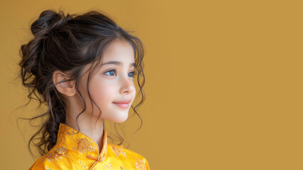 Fototapeta premium Indian girl smile wearing yellow cheongsam at chinese new year festive