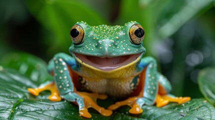 Fototapeta premium Playful Tree Frog Taking Flight with a Joyful Laugh