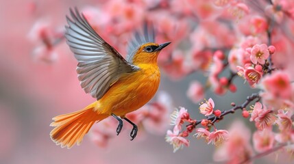 Fototapeta premium Colorful Tropical Bird in Flight Among Blooming Tree in Macro Shot
