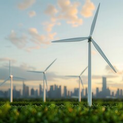 A serene landscape featuring wind turbines amidst lush green fields, symbolizing sustainable energy and environmental conservation.