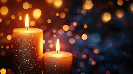 Two glowing candles with a sparkling bokeh background.