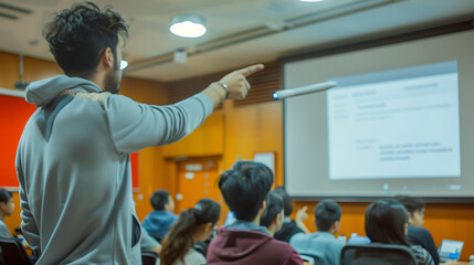 6. A university student giving a presentation in a seminar room, pointing to a slide on the projector screen while classmates listen, with a detailed view of their hand holding a laser pointer 