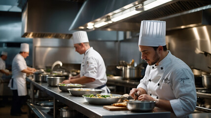 Energetic chefs in a busy kitchen with bright lights and a head chef in white preparing a dish