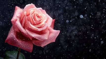 Delicate pink rose with dewdrops on dark background.