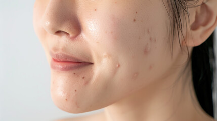 Obraz premium Resorcinol Acne Treatment Cream in Use on South Korean Woman’s Face, Demonstrating Clear Skin Results