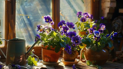 In the room on the table there are flower pots with different violets blooming watered from a watering can