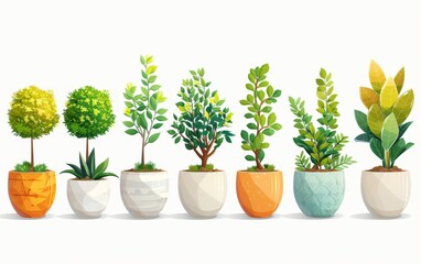 potted plant with tree Collection of flat illustrations arranged in a row. White background vector
