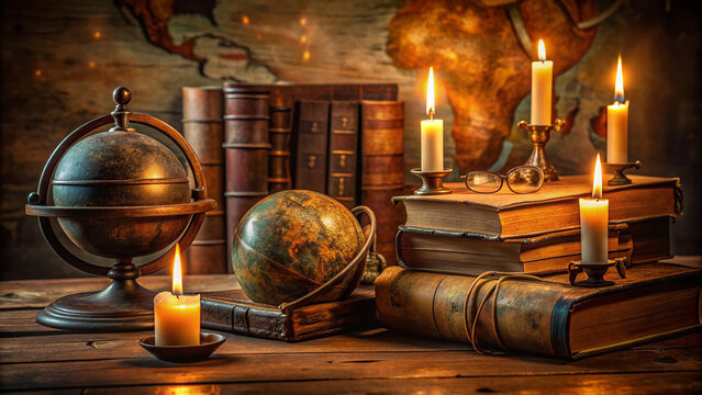Ancient leather-bound books and scrolls scattered on a wooden desk, surrounded by candles and a vintage globe, evoking a sense of philosophical contemplation.