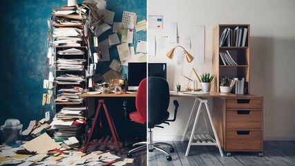 Separate image: On the left is a messy desk. Right is a clean work desk. Time management concept