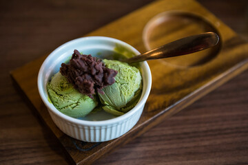 Top view of matcha green tea ice cream with sweet red bean