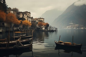 Obraz premium Gloomy Dots Traditional Boats on a Lake Surrounded by Italian Mountains.jpeg