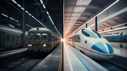 Separate image: The left is an old train, the right is a high-speed train, the concept of technology development.