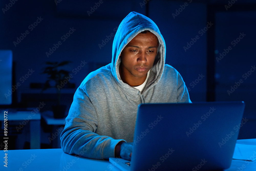 Poster black man, hoodie or hacker with laptop for cybercrime, malware or phishing for stealing online. pro