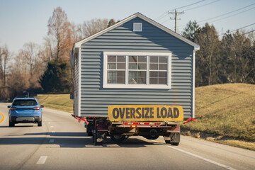 Oversize load home. Manufactured house transported on the highway. Mobile Home oversize load on the road. Transporting portable homes. Oversized cargo. Truck Oversized transport for mobile home.