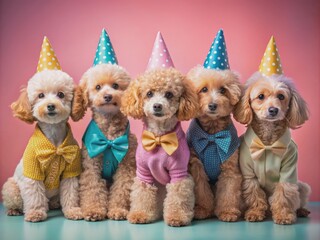 Adorable poodle puppies in trendy outfits gather together on a bright solid background, perfect for birthday party invitations, advertisement banners, and festive celebrations.