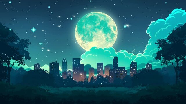 Urban City Night View with Full Moon Light in Flat Style Cartoon Animation Featuring City Lights and Night Atmosphere