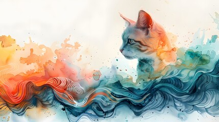 Cat in Abstract Watercolor Waves.